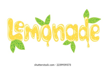 Lemonade handwritten text with leaves isolated on white background. Lettering for poster, postcard, label, sticker, logo, sign. Summer fresh drink. Vector illustration