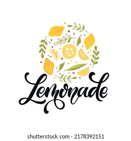 Lemonade handwritten text and lemon label isolated on white background. Elegant modern brush calligraphy. Hand lettering for poster, postcard, sticker, logo, sign. Vector illustration in doodle style