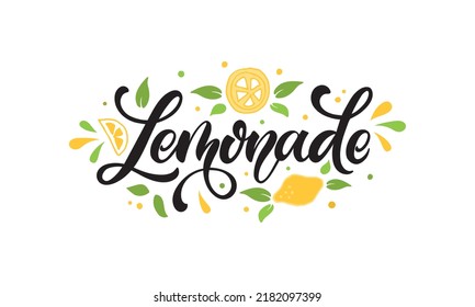 Lemonade handwritten text and lemon slices isolated on white background. Elegant modern brush calligraphy. Hand lettering for poster, postcard, sticker, logo, sign. Vector illustration in doodle style