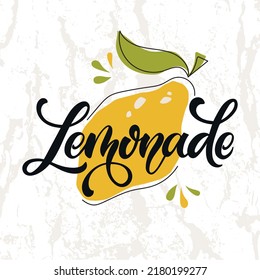 Lemonade handwritten text on textured background. Elegant modern brush calligraphy. Hand lettering for poster, postcard, label, sticker, logo, sign. Vector illustration of lemon. Summer fresh drink