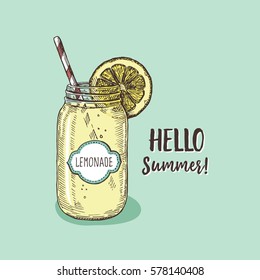 Lemonade in hipster jar with straw in vintage style, vector poster.