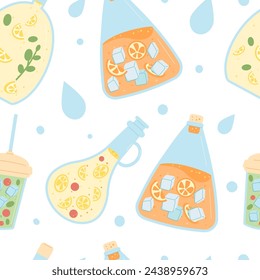 Lemonade and home soft drinks seamless pattern. Glasses and jug bottles of juice with clean aroma beverage endless background. Vector flat illustration.