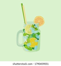 Lemonade with ice cubes in a jar. lemonade with kiwi, lemon and mint. mojito. summer cool drink. cocktail.