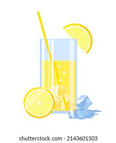 Lemonade with ice cubes and lemon on white background. Vector illustration