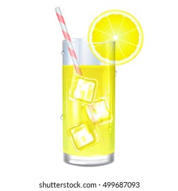 Lemonade with ice cubes and lemon on white background. Vector illustration