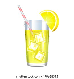 Lemonade with ice cubes and lemon on white background. Vector illustration.