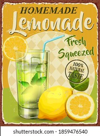 Lemonade with ice cubes and lemon vintage  poster.Retro style.