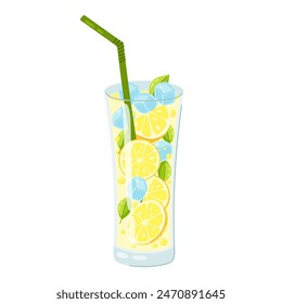 Lemonade with ice in a glass. Carbonated drink, lemonade, fruit drink, cold summer soft drink. Lemonade with fresh lemon in flat style.