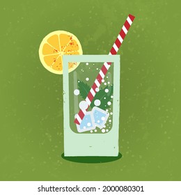 lemonade with ice in glass glass on green, refreshing background.Vintage vector flat illustration in retro style