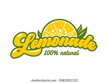 Lemonade icon for juice or lemon fruit drink and soda beverage, vector emblem. Lemonade drink sign of 100 percent natural lemon with green leaves and sparkling bubbles for fresh citrus flavor water