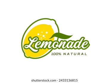 Lemonade icon with lemon fruit for juice drink or soda beverage, vector label. Lemonade citrus drink sign of 100 percent natural lemon with sparkling water bubbles and green leaf for product package