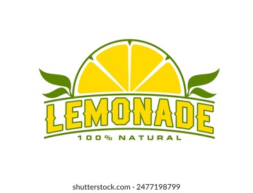 Lemonade icon or lemon fruit juice and natural soda drink, vector beverage emblem. Lemonade drink sign with green leaves of 100 percent natural lemon for fresh sparkling soda or citrus flavor water