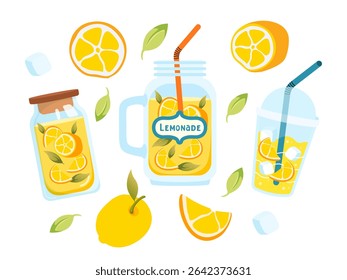 Lemonade icon mini set on white background. Whole and slices of lemon. Different glasses for drinks. Ice cubes and green leaves. For bar, cafe, menu decoration, cocktail, sticker. Vector illustration.