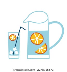 Lemonade icon, vector doodle illustration of glass jug with lemon cocktail, water with lemon slices, glass of lemonade, picnic ideas, summer refreshing drink for hot day, isolated colored clipart 