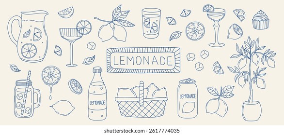 Lemonade illustrations featuring various drinks, fruits, and refreshing elements