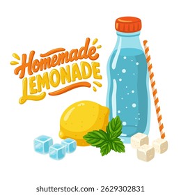 Lemonade ingredients bottle of soda, lemon, mint leaves, ice cubes, sugar. Cartoon vector illustration on white background