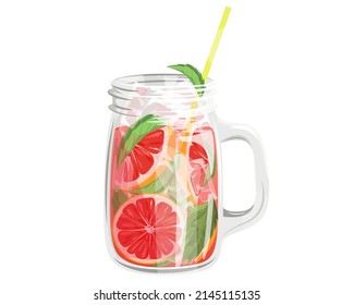 Lemonade in a jar with grapefruit slices, mint leaves and ice cubes.Juice, cocktail with a straw.Vector illustration for cafes,menus,banners,web ads,websites.