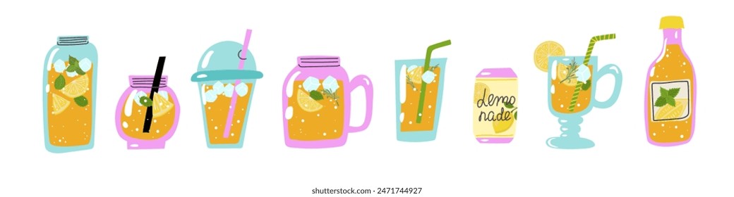 Lemonade in jar and jug, homemade lemon drink. Refreshing summer beverage set for bar or restaurant menu, yellow juice and straw, ice cube, mint leaf, rosemary twig. Vector flat illustration