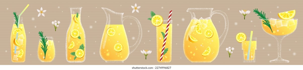 Lemonade in jar and jug, lemon drink. Refreshing summer beverage set for bar or restaurant menu, yellow juice and straw, ice cube, mint leaf, rosemary twig. Fresh glass set. Vector flat illustration