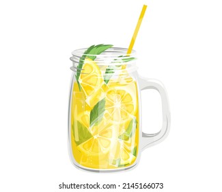 Lemonade en un frasco con lonchas de limón, hojas de menta y cubos de hielo.Jugo, cóctel con paja.Ilustración vectorial para cafés, menús, banners, anuncios web, sitios web.