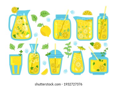 Lemonade in jar, serie de dibujos animados de cócteles de menta. Bebidas con paja, rebanada de limón. Frasco tropical de vidrio dibujado a mano para el afiche, menú de limonada. Ilustración vectorial de diseño plano