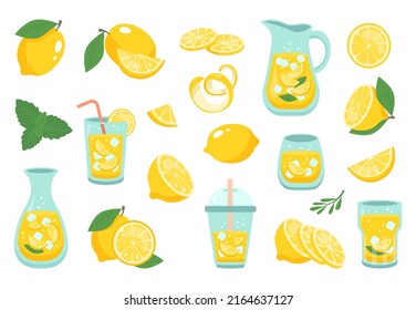 Lemonade in jar, mint cocktails cartoon set. Pitcher drinks with straw, lemon slice. Tropic summer glassware bottle and takeaway plastic cup for poster, lemonade menu design. Vector illustration