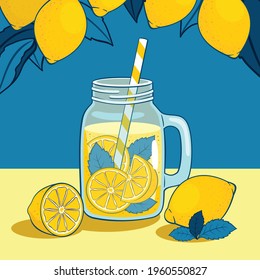 Lemonade jar on the table on the background of the sky and lemon branches. Vector illustration for postcards, posters, covers, outline, bright yellow and blue colors.