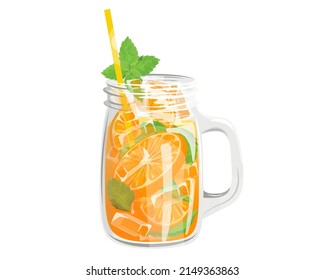 Lemonade en un frasco con rodajas naranjas, hojas de menta y cubos de hielo.Jugo, cóctel con paja.Ilustración vectorial para cafés, menús, banners, anuncios web, sitios web.