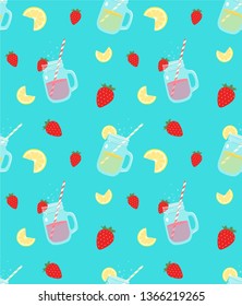 Lemonade jar pattern with lemon slices and strawberries. - Vector illustration