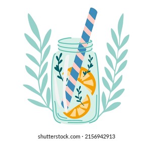 Lemonade in a jar. Refreshing summer drink. Fresh water with lemon slice, mint, For menu, web and graphic design. Vector illustration isolated on white background