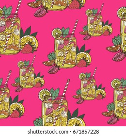 the lemonade in the jar seamless pattern on pink background,  vector illustration