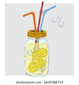 Lemonade in a jar with straws. Mediterranean element, exotic tropical. Textured illustration with hand drawn sketch elements