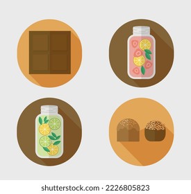 lemonade in jars with pieces of fruit and sweets in circles - one citrus lemonade, the 2nd strawberry, and there is also chocolate and two candies