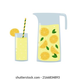 Lemonade in a jug and a glass. Cartoon summer drink with lemon and mint leaves. Isolated vector illustration. 