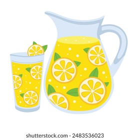 Lemonade in a jug and a glass. Lemon slice and mint leaves. Vector illustration isolated on a white background.