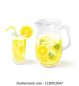 lemonade in a jug and glass on a white background