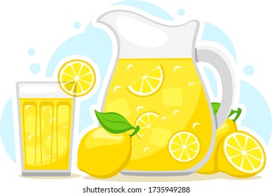 Lemonade in a jug and a glass with slices of lemon and ice on a white background