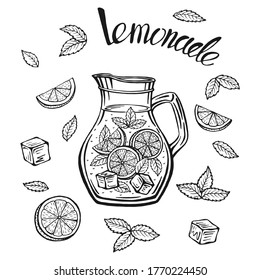 Lemonade jug with ice and a slice of lemon and a straw and mint leaves, lemonade sketch in a glass, hand drawing of a lemonade Cup, homemade lemonade lettering, isolated vector illustrations.