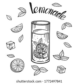 Lemonade jug with ice and a slice of lemon and a straw and mint leaves, lemonade sketch in a glass, hand drawing of a lemonade Cup, homemade lemonade lettering, isolated vector illustrations.