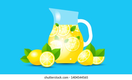 Lemonade in the jug and lemons with mint on blue background.