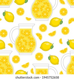 Lemonade in jug pattern seamless. lemon background. vector texture