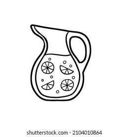 Lemonade in jug. Summer refreshing drink in glass jar with lemon. Outline cartoon illustration
