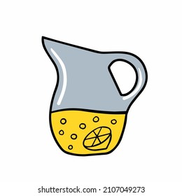Lemonade in jug. Summer refreshing drink in glass jar. Yellow liquid with lemon. Outline cartoon illustration