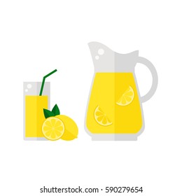 Lemonade juice icon isolated on white background. Glass with straw, pitcher and lemon fruit. Refreshing drink. Flat vector illustration design. 