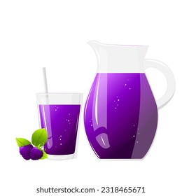 Lemonade juice jug and glass with blackberries. Refreshing drink. For design of fresh product, juice, canned food, menu for cafe, poster. Flat vector illustration design.
