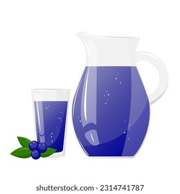 Lemonade juice jug and glass with blueberries or bilberries. Refreshing drink. For design of fresh product, juice, canned food, menu for cafe, poster. Flat vector illustration design.