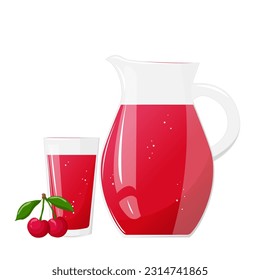 Juguete de jugo de limón y vidrio con cerezas. Bebida refrescante. Para el diseño de productos frescos, jugo, comida enlatada, menú para café, afiche. Diseño de ilustración de vector plano.