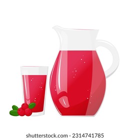 Lemonade juice jug and glass with cranberry or lingonberry. Refreshing drink. For design of fresh product, juice, canned food, menu for cafe, poster. Flat vector illustration design.