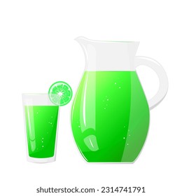 Lemonade juice jug and glass with  lime fruit. Refreshing drink. For design of fresh product, juice, canned food, menu for cafe, poster. Flat vector illustration design.
