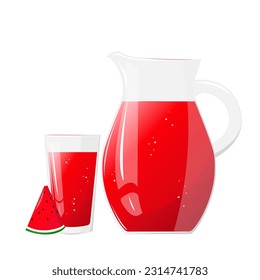 Lemonade juice jug and glass with watermelon. Refreshing drink. For design of fresh product, juice, canned food, menu for cafe, poster. Flat vector illustration design.